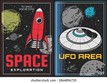 Space exploration and aliens discovery posters. Vintage rocket or spaceship and alien flying saucer spacecraft in outer space, moon and saturn, far planers and asteroids vector. Galaxy travel banner