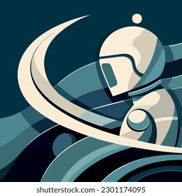 Space Exploration, Artistic Illustration of Astronaut on Moonin Art Deco Style