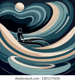 Space Exploration, Artistic Illustration of Astronaut on Neptunin Art Deco Style