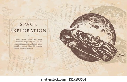 Space exploration. Astronaut drives car through Universe. Renaissance background. Medieval engraving manuscript. Vintage paper with drawings, vector 