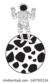 space exploration astronaut with hands up over a planet in black and white icon cartoon vector illustration graphic design