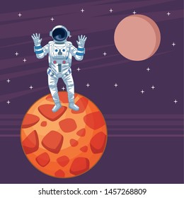 space exploration astronaut with hands up over a planet with space landscape with moon and stars icon cartoon vector illustration graphic design