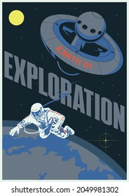 Exploración espacial, astronauta en el espacio ultraterrestre, estación orbital y tierra, propaganda espacial retro soviética carteles ilustración de estilo
