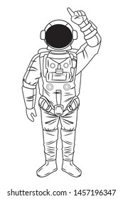 space exploration astronaut pointing up in black and white icon cartoon vector illustration graphic design
