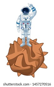 space exploration astronaut pointing up over a planet icon cartoon vector illustration graphic design