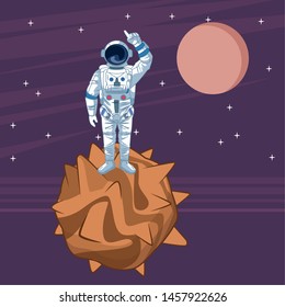 space exploration astronaut pointing up over a planet with space landscape with moon and stars icon cartoon vector illustration graphic design