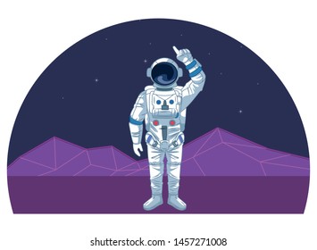 space exploration astronaut pointing up with retro futuristic mountain landscape icon cartoon vector illustration graphic design