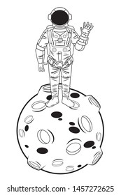 space exploration astronaut saying hi over a planet in black and white icon cartoon vector illustration graphic design