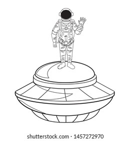 space exploration astronaut saying hi over a flying saucer in black and white icon cartoon vector illustration graphic design
