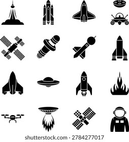 Space Exploration and Astronaut Technology Icons Featuring Various Spacecraft and Equipment Designs