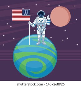 space exploration astronaut with thumb up with united states flag over a planet with space landscape with moon and stars icon cartoon vector illustration graphic design