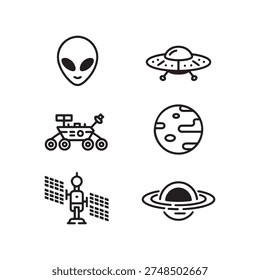 space exploration astronomy alien ufo and galactic science icon set, black line art