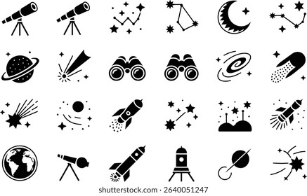 Space exploration astronomy icons set in black and white style