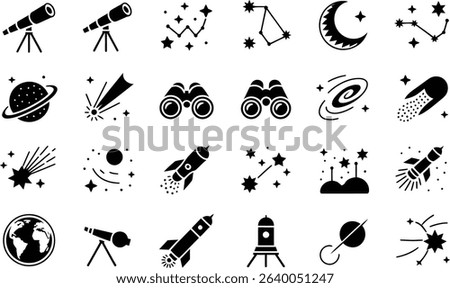 Space exploration astronomy icons set in black and white style