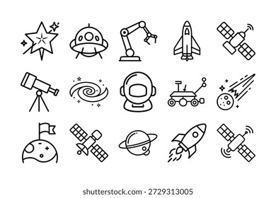 Space Exploration and Astronomy Line Icon Set - Galaxy Research, Satellite Technology, Astronaut Equipment, and Rocket Launch Symbols