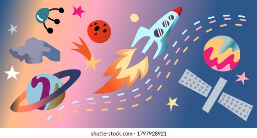 Space exploration and astronomy scene. Flying spaceship or rocket, satellites. Abstract planets, Saturn, stars, comet, celestial bodies, solar system. Vector cute illustration of galaxy background