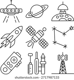 Conjunto de ícones de linha fina de exploração espacial e astronomia