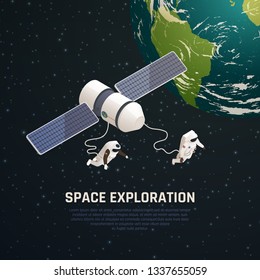 Space exploration background with outer space research symbols isometric vector illustration