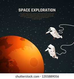 Space exploration background with outer space research symbols isometric vector illustration