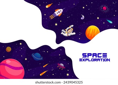 Space exploration banner, cartoon kid astronaut in galaxy outer space. Vector background with funny baby cosmonaut or spaceman flying in weightlessness exploring the Universe, ufo and rocket launch