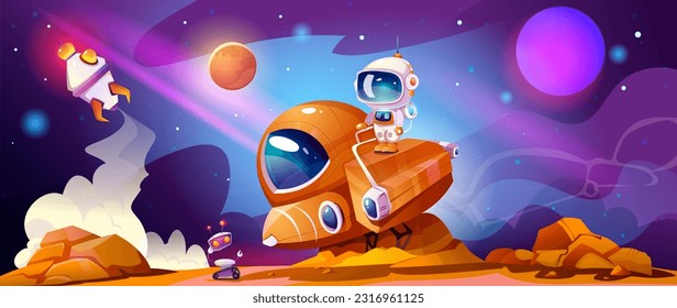 Space exploration banner. Character in spacesuit flies on rocket to explore planet. Horizontal poster with robot and fantasy universe. Futuristic background for game. Cartoon flat vector illustration