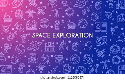 Space Exploration banner. Design template with thin line icons on theme solar system, rockets, planets and aliens. Vector illustration