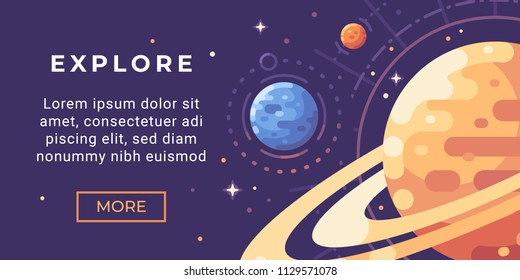 Space exploration banner flat illustration. Astronomy banner with planets and stars.