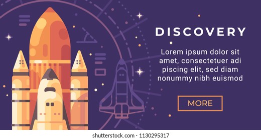 Space exploration banner flat illustration. Space discovery banner with a shuttle background.