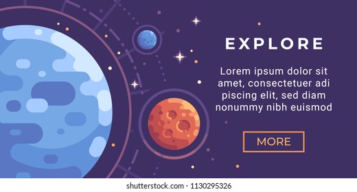 Space exploration banner flat illustration. Astronomy banner with colorful planets and stars.