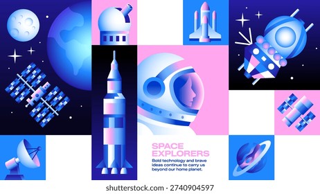 Space Exploration Banner with Rocket Launch, Astronaut Helmet and Galaxy Elements – Futuristic Astronomy Vector Illustration