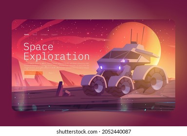 Space exploration banner with rover on alien planet surface. Vector landing page of cosmos investigation with cartoon illustration of planet landscape with explorer robot, rocks and stars in sky