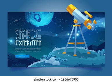 Raumforschungsbanner mit Teleskop auf dem Hügel. Konzept der wissenschaftlichen Entdeckung in der Astronomie, Sterne und Planeten beobachten. Vektorlandungsseite mit Cartoon-Illustration von Teleskop und Sternenhimmel