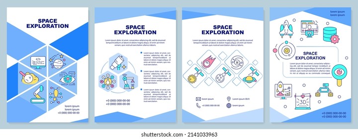 Space exploration blue brochure template. Cosmos researching. Leaflet design with linear icons. 4 vector layouts for presentation, annual reports. Arial-Black, Myriad Pro-Regular fonts used