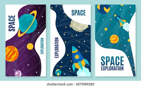 Space exploration cartoon banner, vector illustration. Flight rocket across galaxy, modern technology, exploration planet, moon, sun, travel universe. Colorful flyer starry sky, asteroid.
