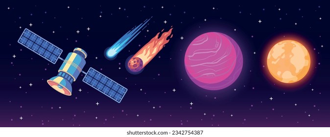 Space exploration cartoon composition with planets satellite comet falling meteorite vector illustration
