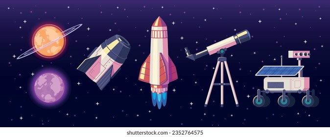 Space exploration cartoon composition with planets and equipment for exploring and observing universe vector illustration