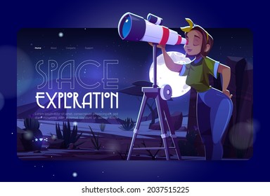 Space exploration cartoon landing page. Woman look in telescope, curious young girl explore moon and stars on dark night sky. Astronomy science learning, galaxy observation hobby, vector web banner