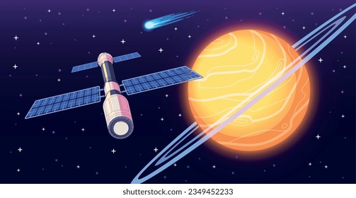 Cartoon-Poster zur Weltraumforschung mit Sättigung und kosmischer Station, Vektorgrafik