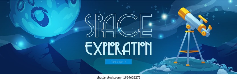 Space exploration cartoon web banner with telescope stand on hill under starry sky with Moon. Science discovery and astronomy studying. Equipment for watching stars and planets in galaxy vector design