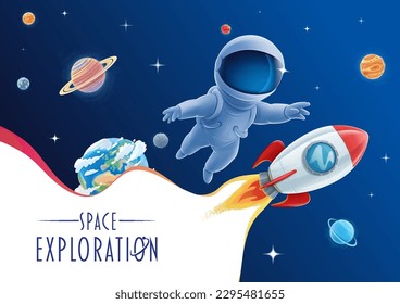 space exploration with child astronaut planets stars and rocket