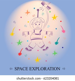Space Exploration. Children Drawing of Spaceman and Comets Arranged in a Circle on Blue Sky. Vector Illustration.