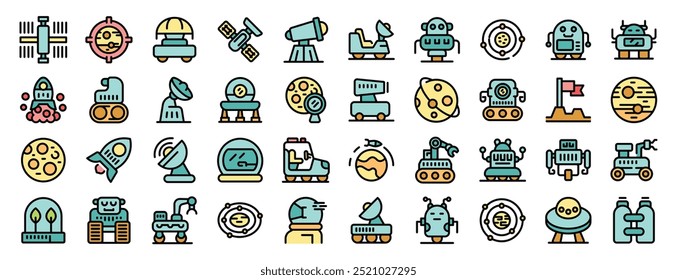 Space exploration and colonization icons set, outline style