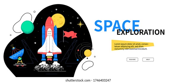 Space exploration - colorful flat design style web banner on white background with copy space for text. An illustration with shuttle, radiolocator, moon, flags, solar system. Cosmic journey idea