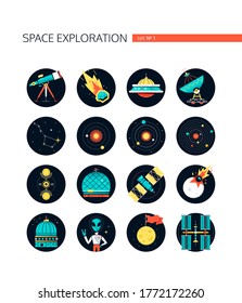 Space exploration - colorful flat design style icons in round frames on white background. Galaxy idea. Telescope, meteorite, ufo, constellation, orbit, crop circles, satellite, colonization of Mars