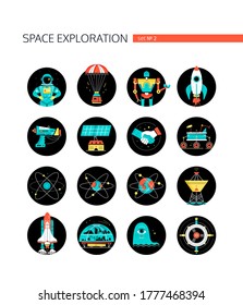 Space exploration - colorful flat design style icons in round frames on white background. Galaxy, cosmic exploration idea. Astronaut, capsule, rocket, blaster, satellite dish, shuttle, colonization