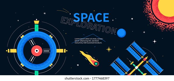 Exploración espacial - colorido banner de diseño plano estilo web sobre fondo negro con lugar para texto. Ilustración con satélite, sol, estación, cometa, universo, Neptuno. Galaxia, idea astronómica