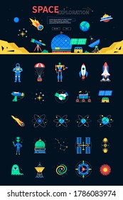 Space exploration - colorful flat design style web banner on black background with place for text and infographic web elements. Astronomy idea. Astronaut, rocket, orbit, satellite, shuttle icons