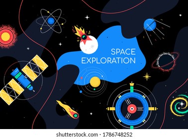 Space exploration - colorful flat design style illustration on black background with place for heading. An illustration with satellite, sun, station, comet, black hole, impact, universe. Galaxy idea