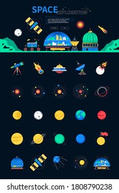 Space exploration - colorful flat design style web banner on black background with place for text and infographic elements for website. Galaxy, astronomy idea. Telescope, meteorite, ufo, planets icons