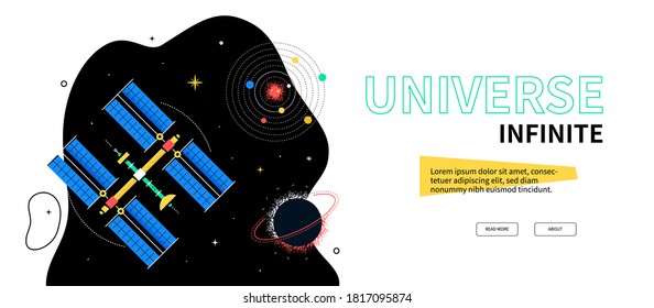 Weltraumforschung - bunter Webbanner im flachen Design auf schwarzem Hintergrund mit Platz für Text. Eine Illustration mit kosmischer Station, schwarzem Loch, Bildern des Sonnensystems. Galaxie, Astronomie-Idee